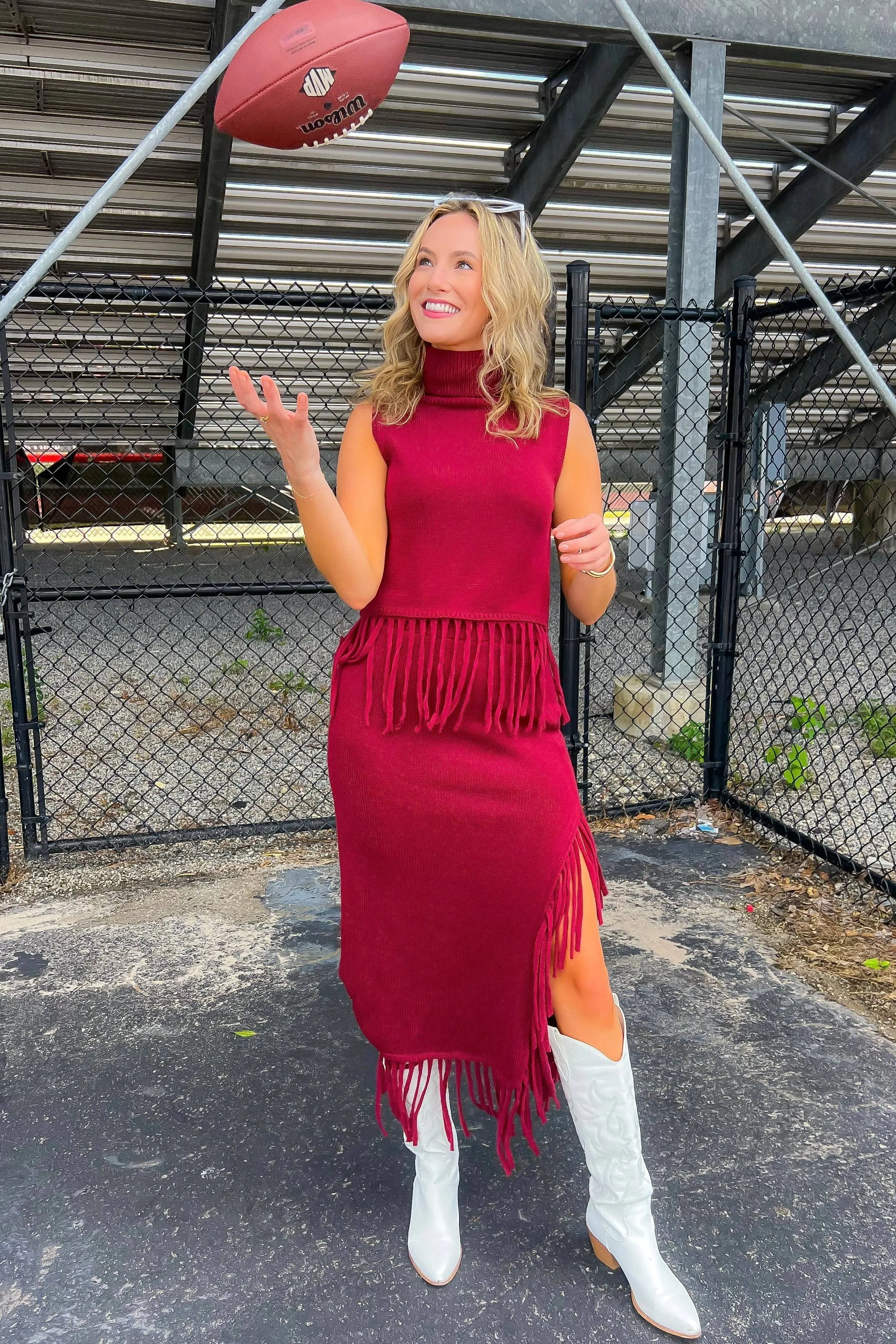 On the Road Burgundy Fringe Knit Maxi Skirt