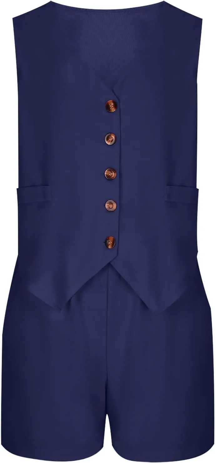 Oplxuo Womens Summer 2 Piece Sets V Neck Sleeveless Button Down Blazer Vest and High Waisted Work Suit Short Set