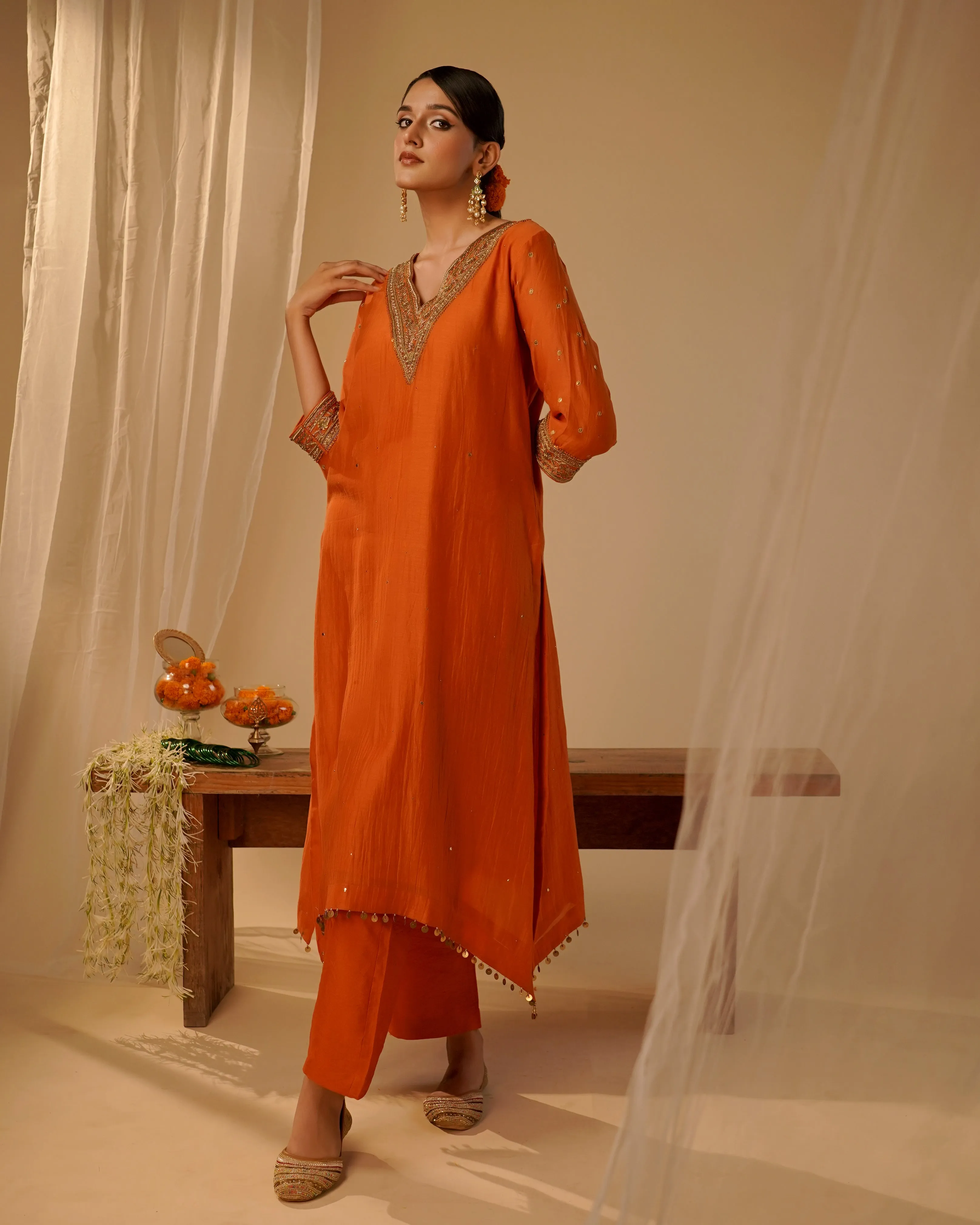 Orange V-neck Tunic Set