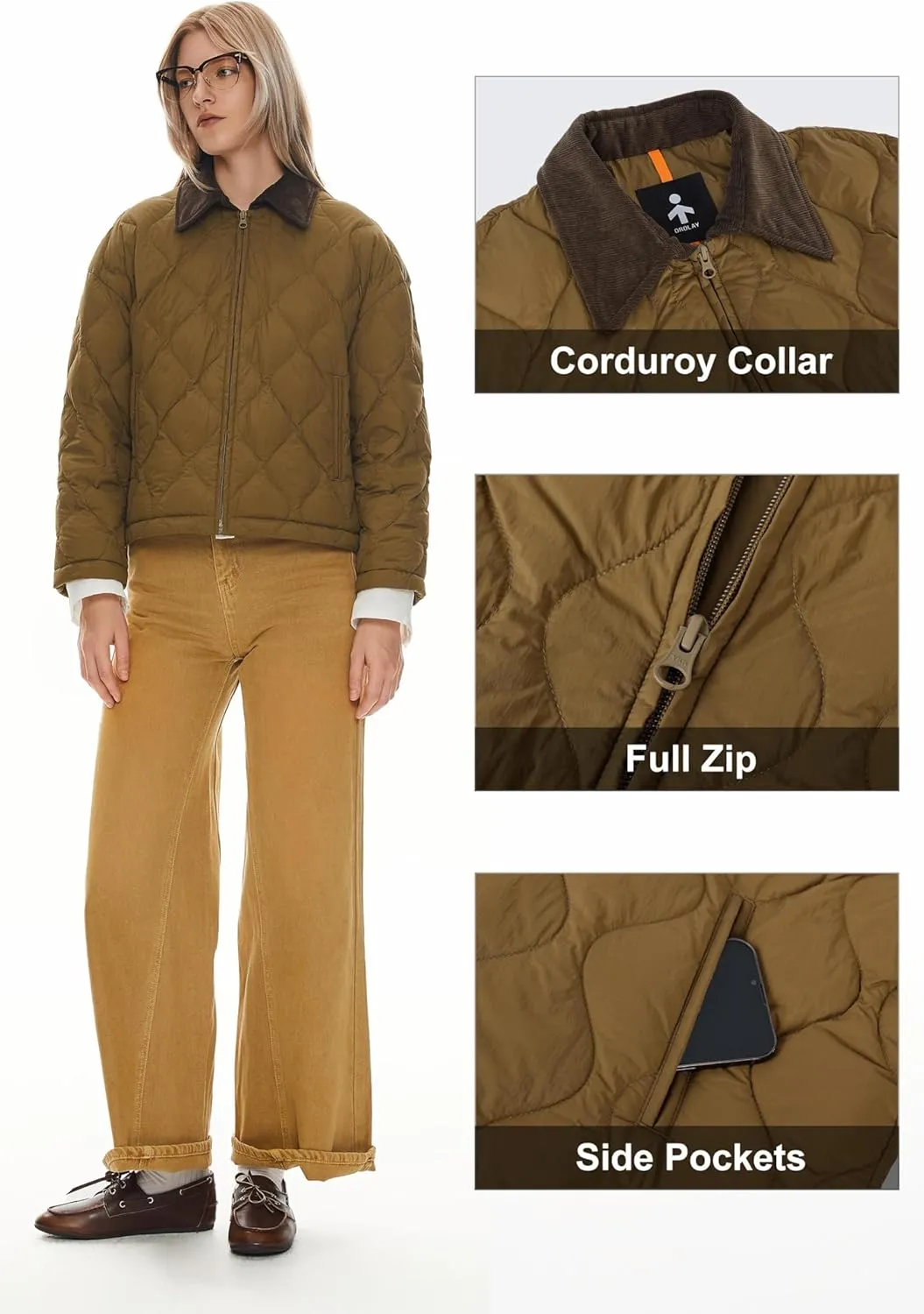 Orolay Women's Lightweight Quilted Jacket Puffer Cropped Down Coat Zip Up Warm with Pockets for Fall and Winter