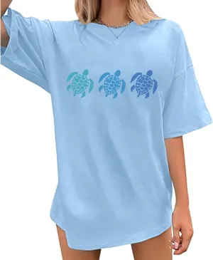 Oversized Sea Turtle Shirts Women Ocean Animal Hawaiian Tshirts Graphic Casual Summer Beach Vacation Tees Tops