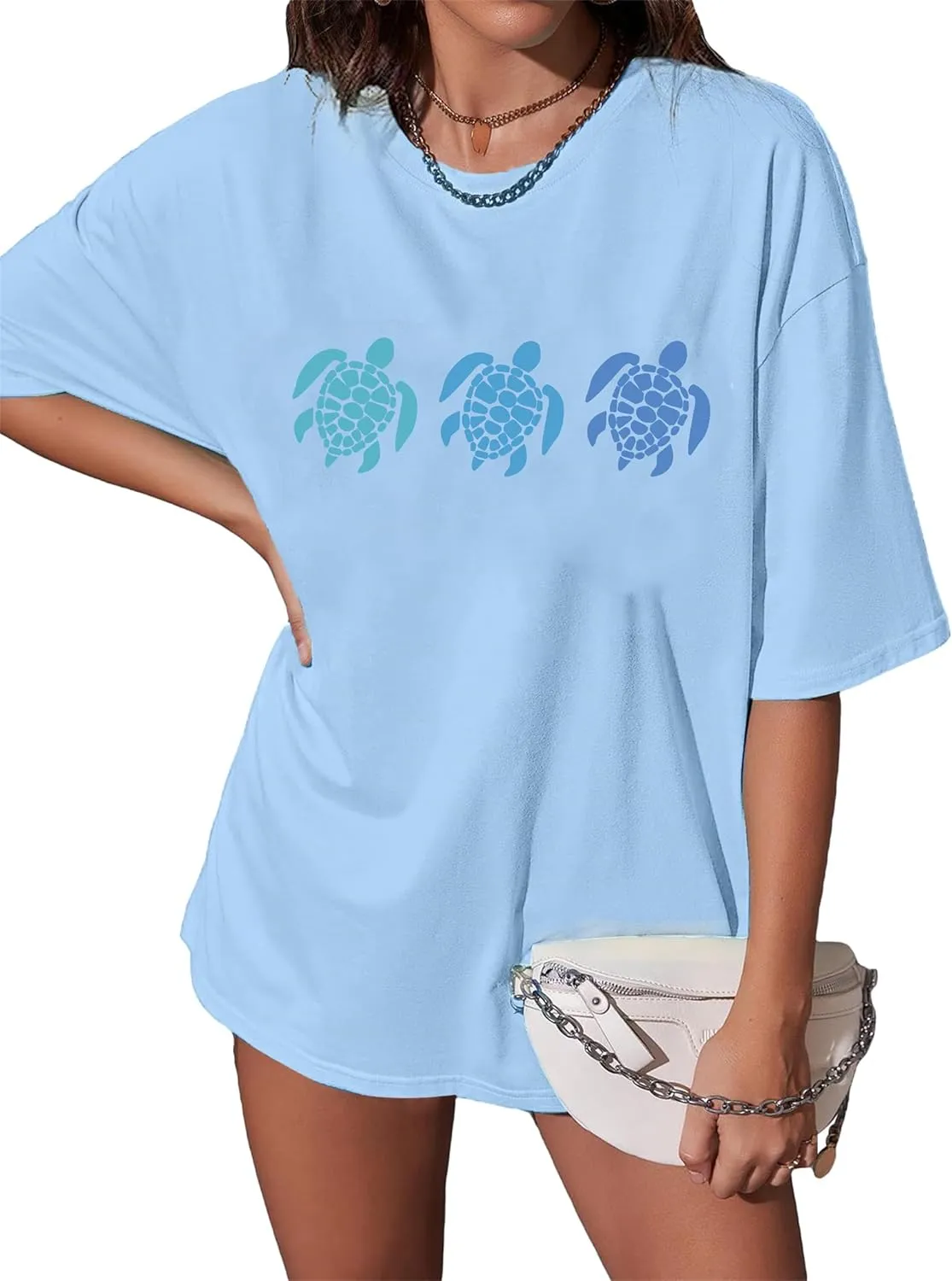 Oversized Sea Turtle Shirts Women Ocean Animal Hawaiian Tshirts Graphic Casual Summer Beach Vacation Tees Tops