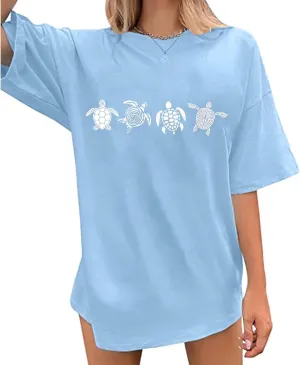 Oversized Sea Turtle Shirts Women Ocean Animal Hawaiian Tshirts Graphic Casual Summer Beach Vacation Tees Tops