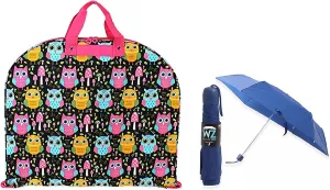 Owl Print Hanging Garment Bag With Mini Blue Umbrella ( 2 Item Bundle )