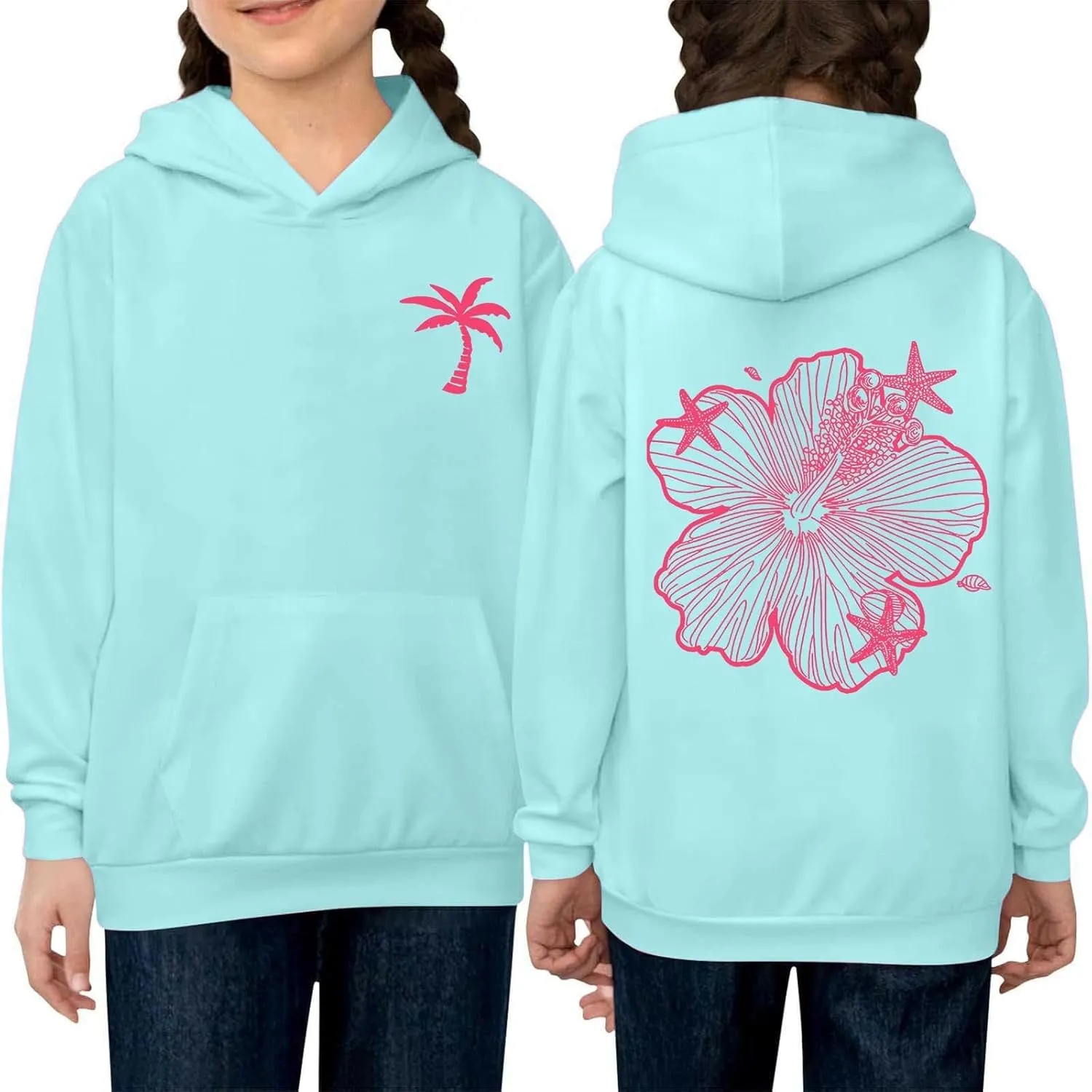 Palm Puff Hoodies For Kids Girls Cute Graphic Preppy Sweatshirt Teen Girls Oversized Y2K Hoodie Pullover with Pockets