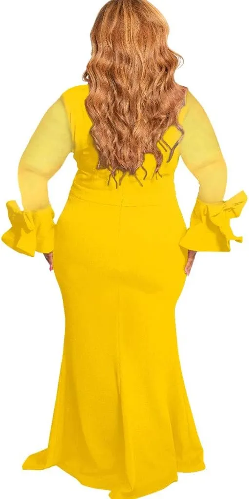 Patchwork Fashion Mesh Women Dress Plus Sleeve Long Casual Solid Size O-Neck Plus Size Dress Casual Skirts for