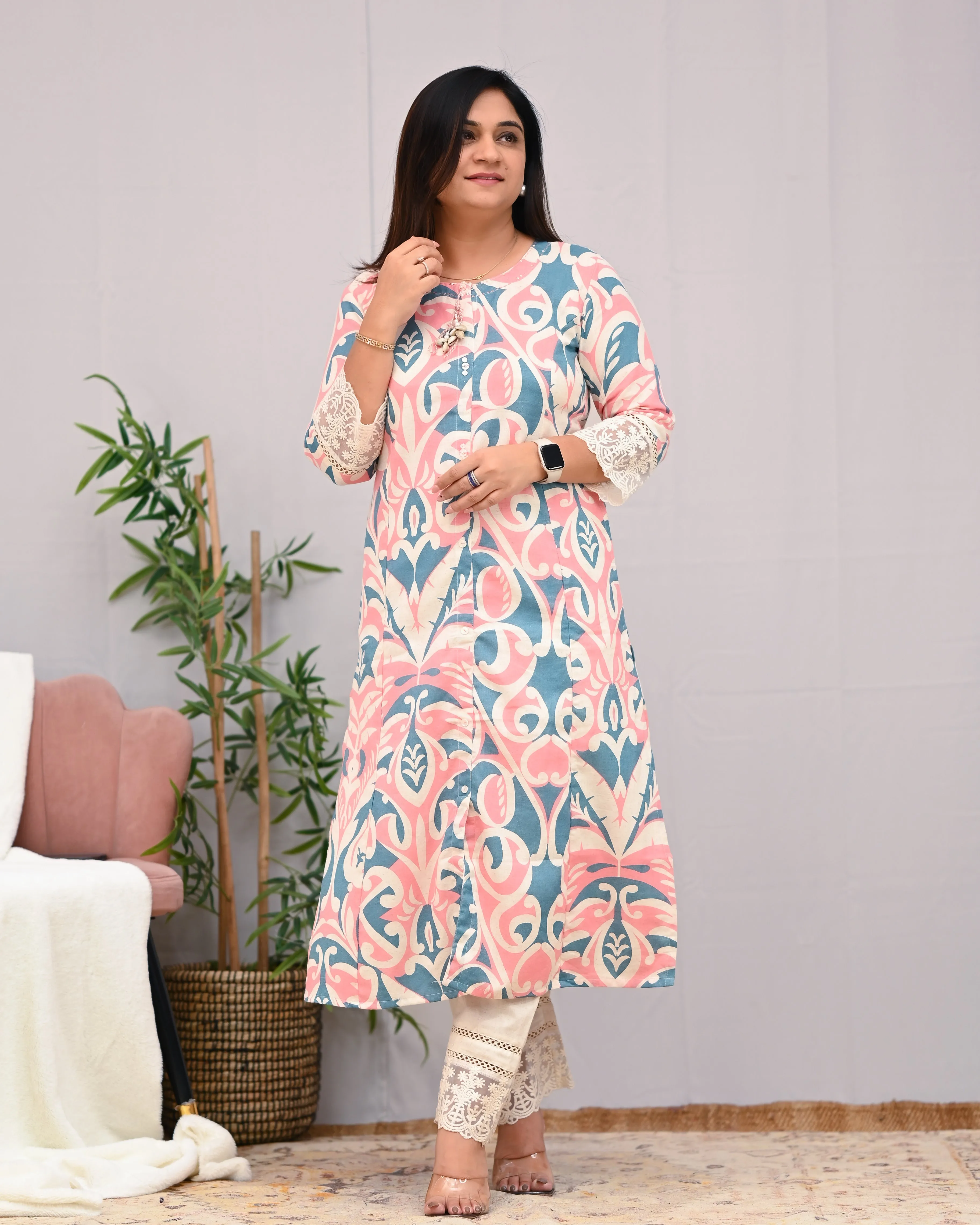 Peach A-line Cotton casual Pant Set