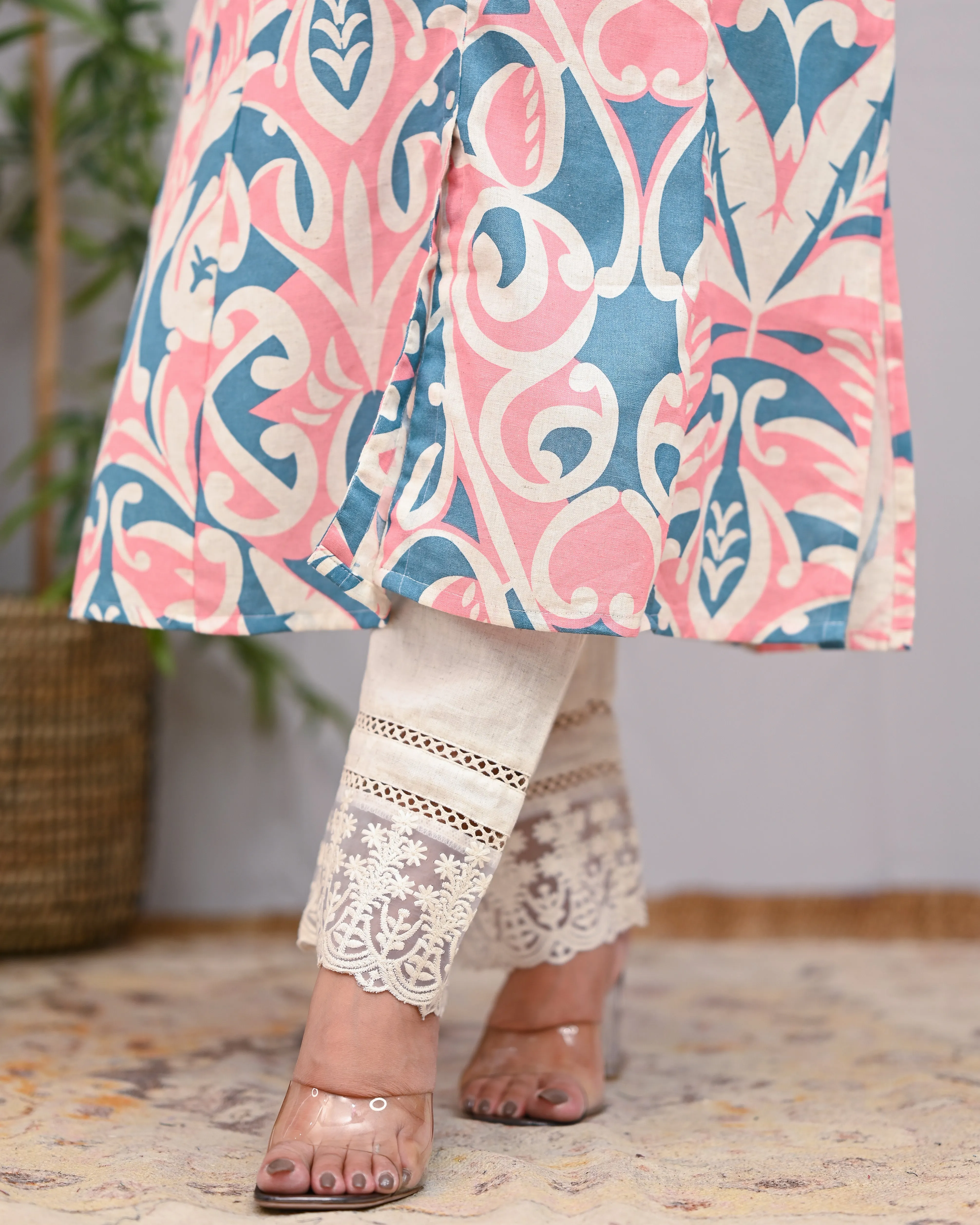 Peach A-line Cotton casual Pant Set