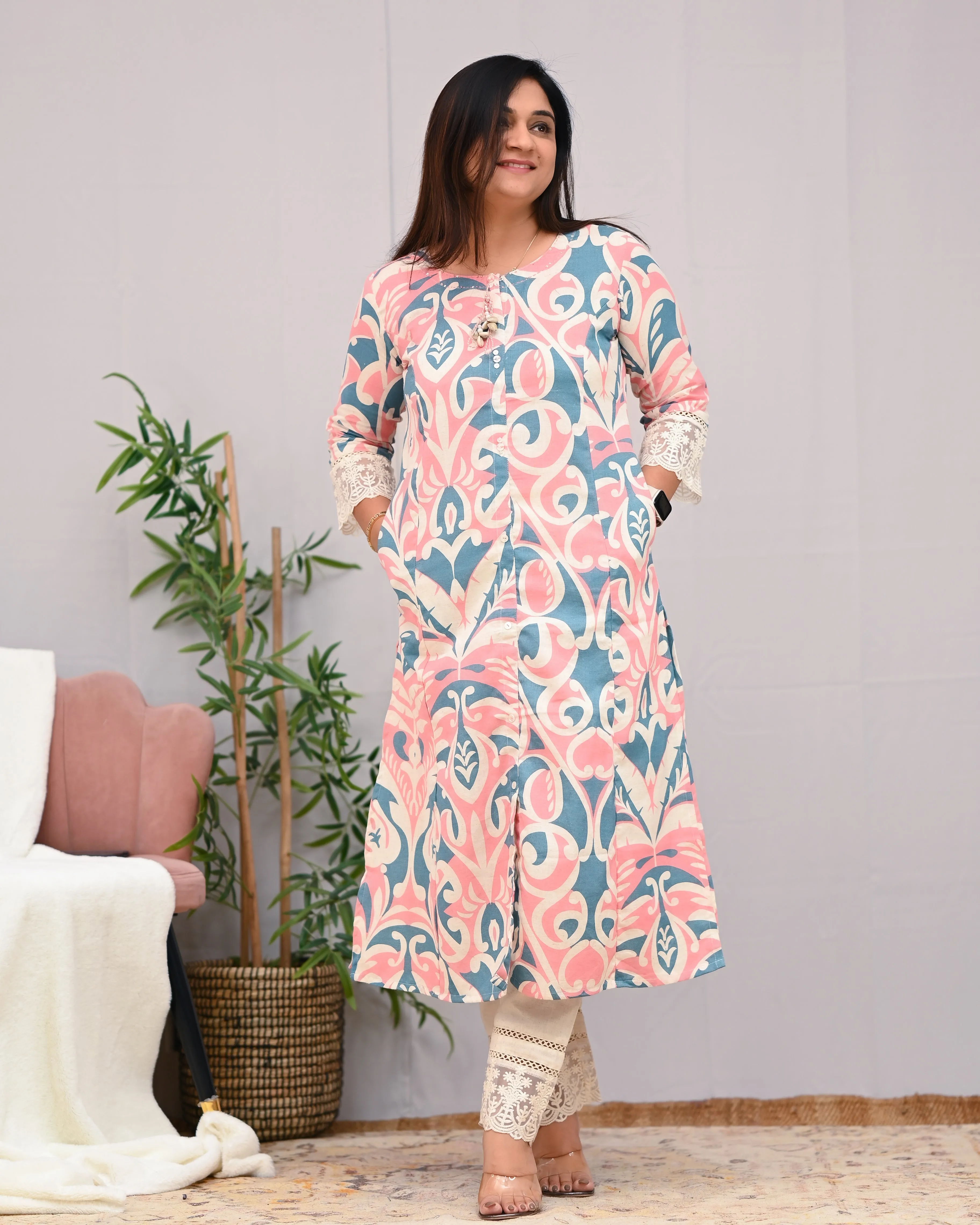 Peach A-line Cotton casual Pant Set
