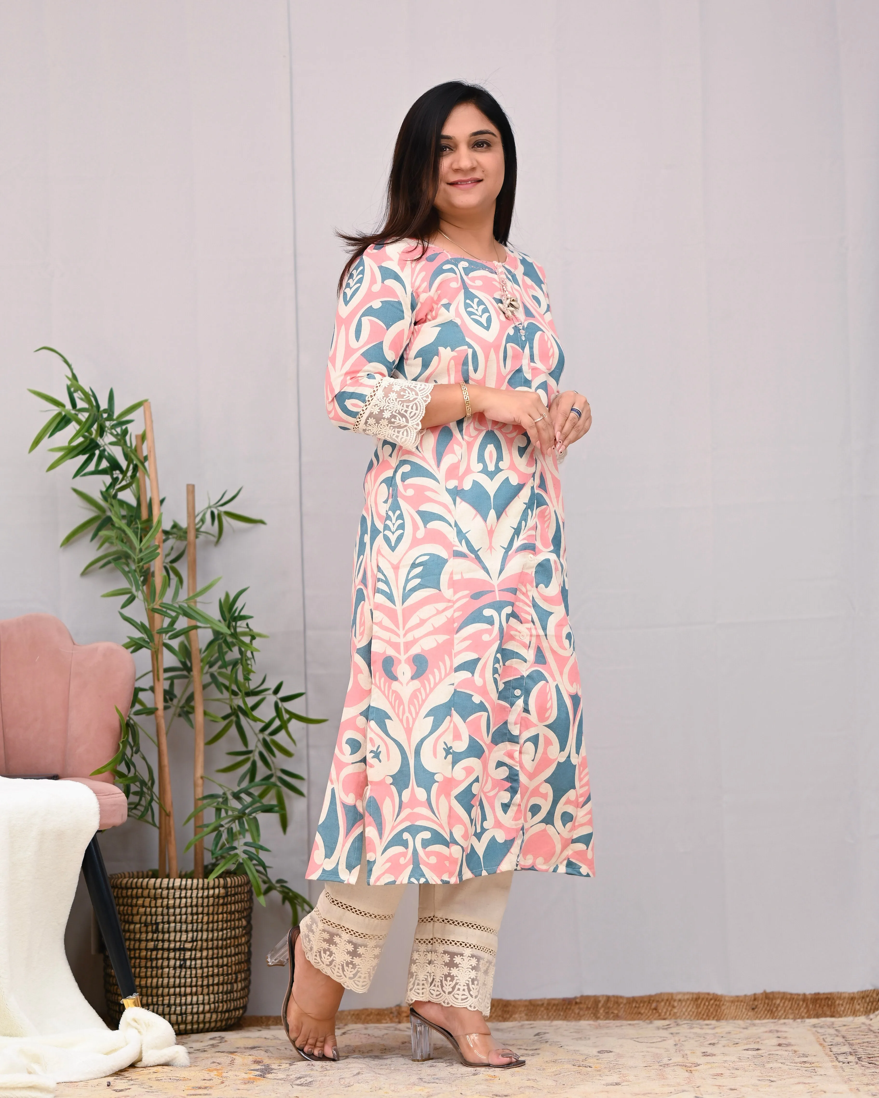 Peach A-line Cotton casual Pant Set