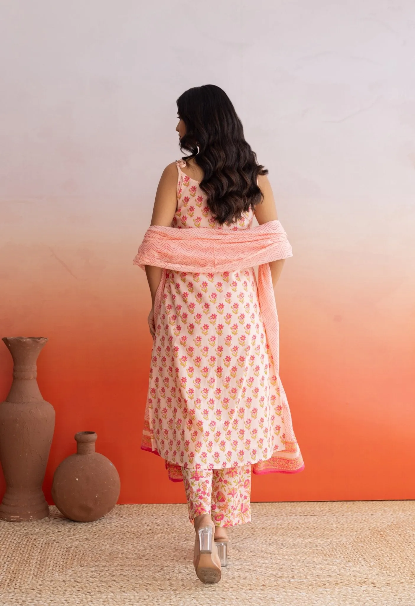 Peach Hand Block Printed Strappy Suit Set With Doriya Dupatta
