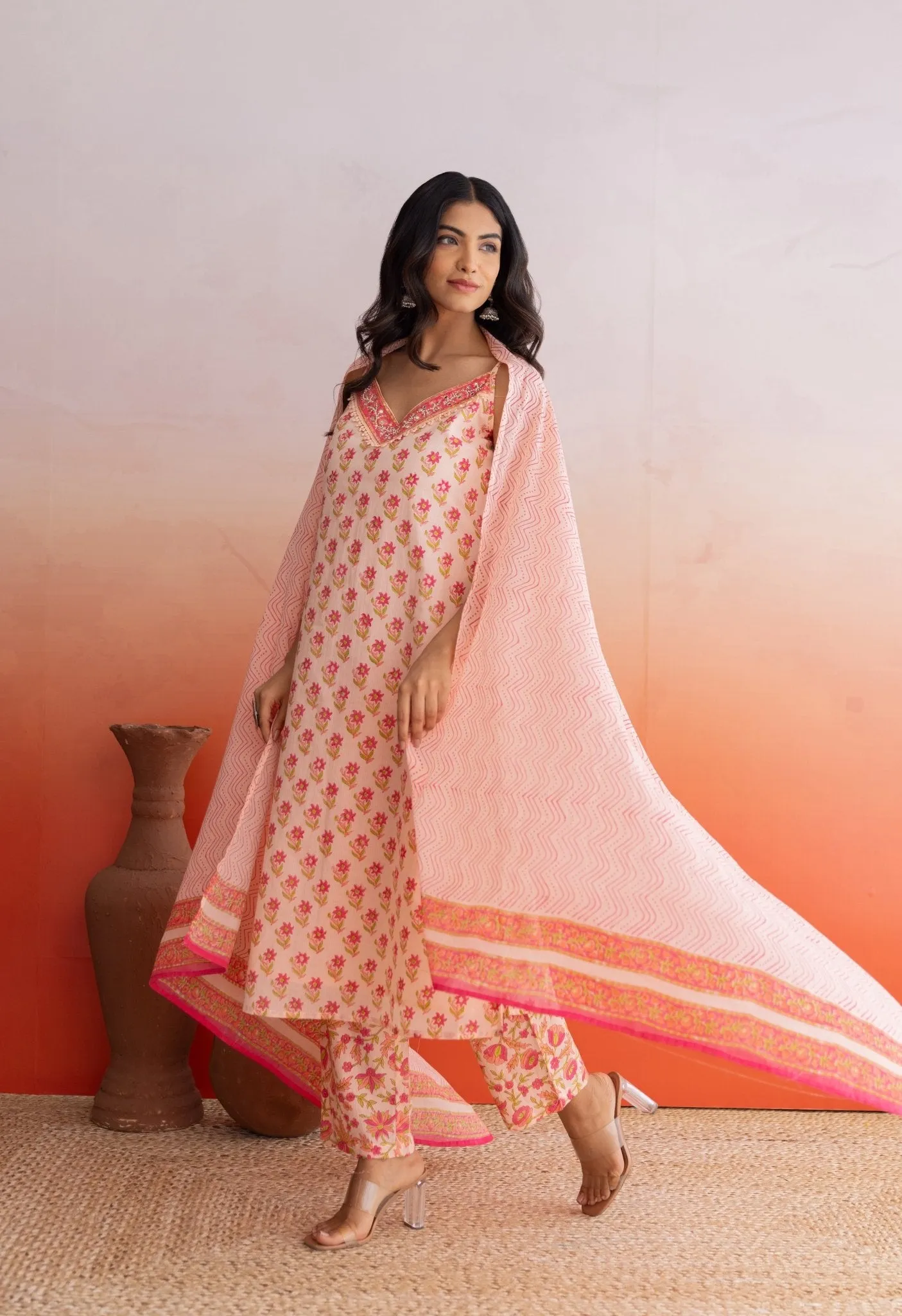Peach Hand Block Printed Strappy Suit Set With Doriya Dupatta