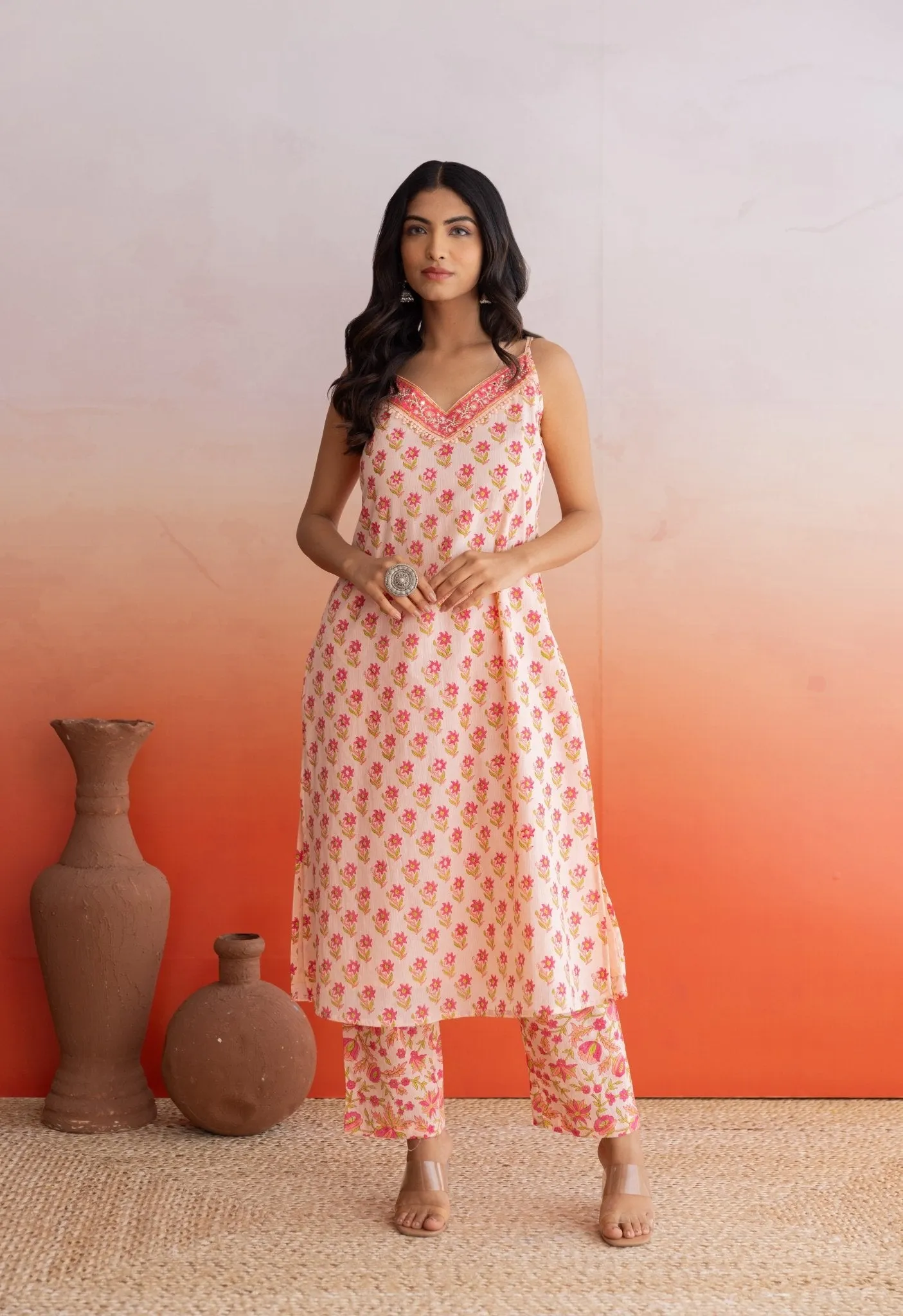 Peach Hand Block Printed Strappy Suit Set With Doriya Dupatta