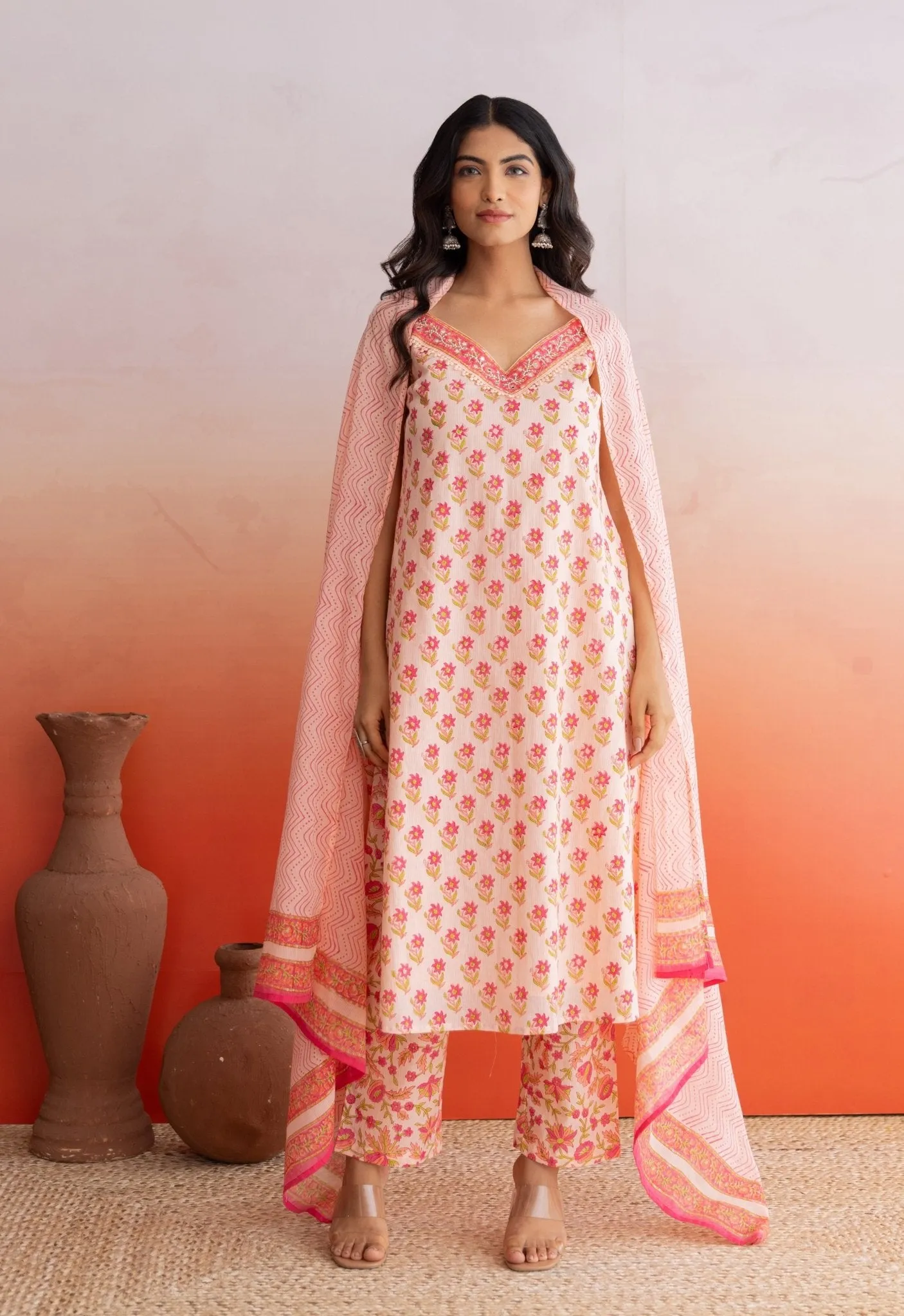 Peach Hand Block Printed Strappy Suit Set With Doriya Dupatta