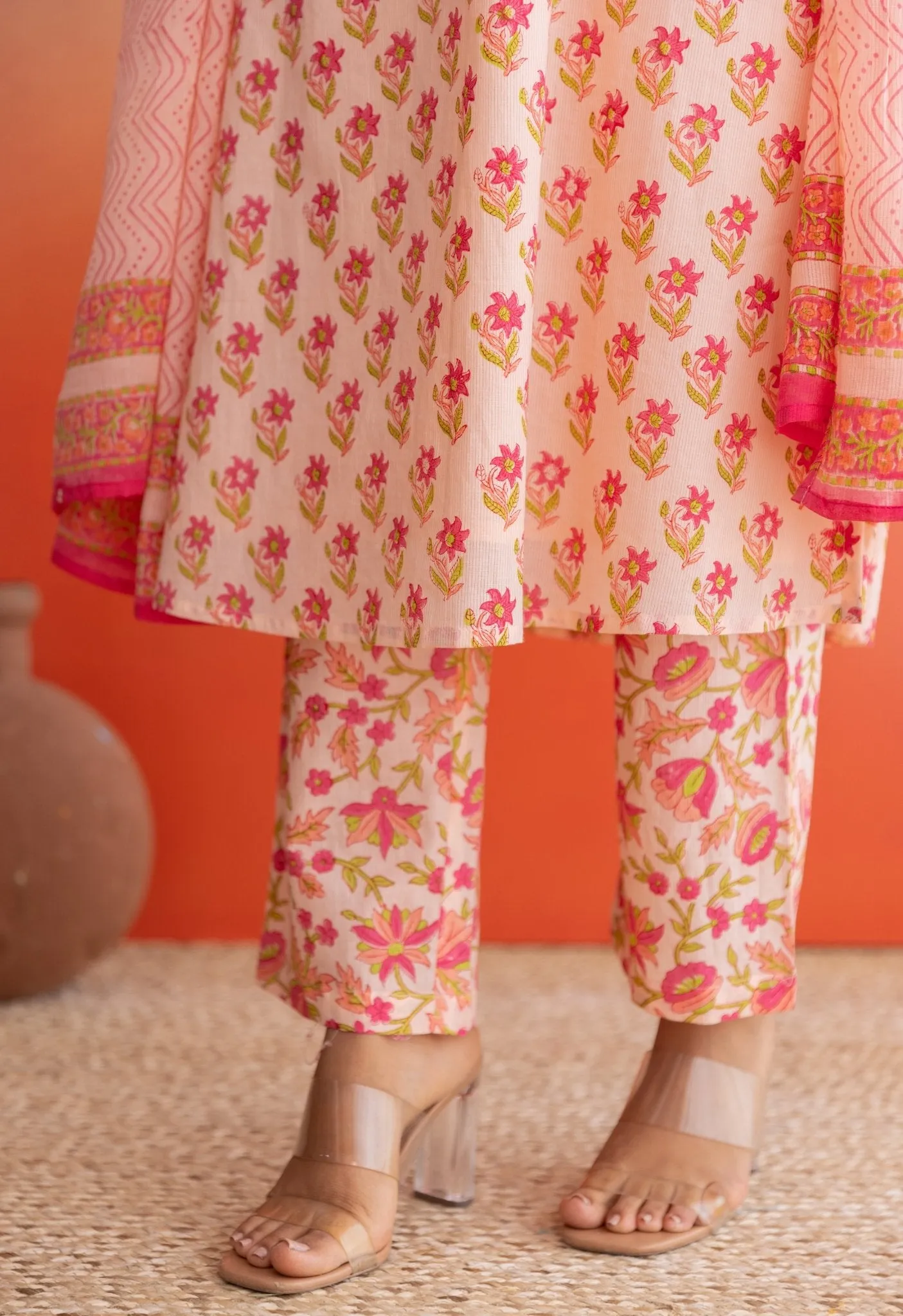 Peach Hand Block Printed Strappy Suit Set With Doriya Dupatta