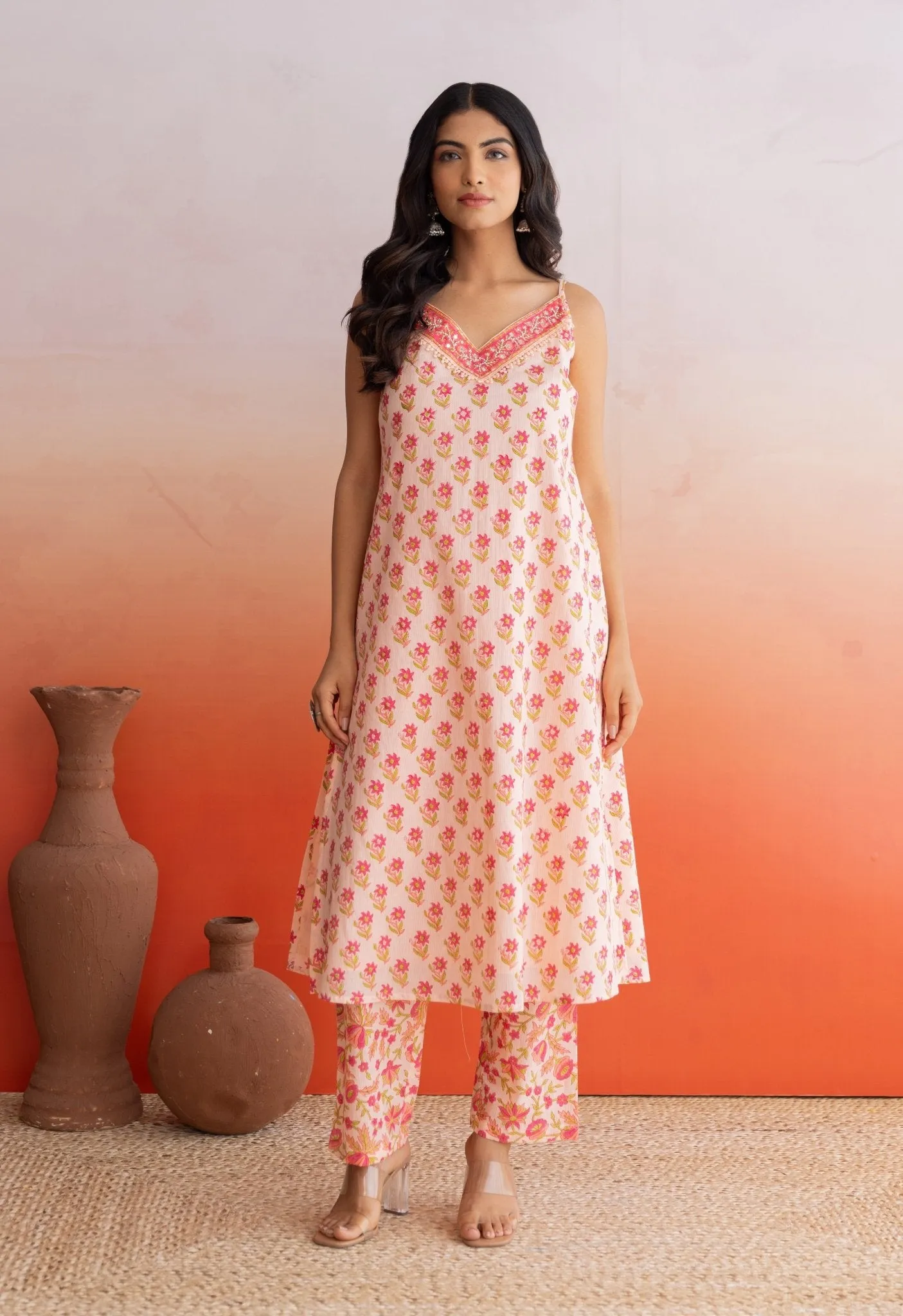 Peach Hand Block Printed Strappy Suit Set With Doriya Dupatta