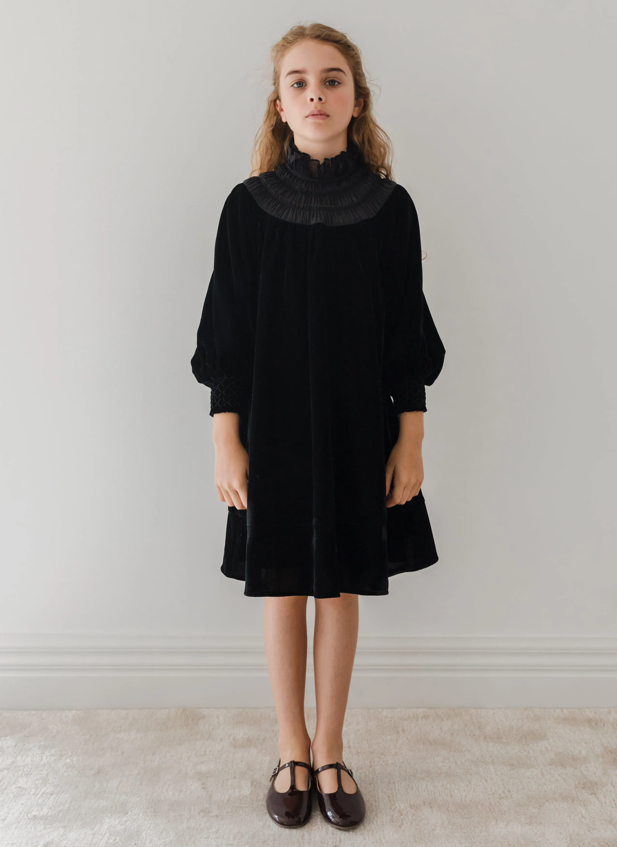 PETITE AMALIE VELVET SHIRRED ORGANZA DRESS