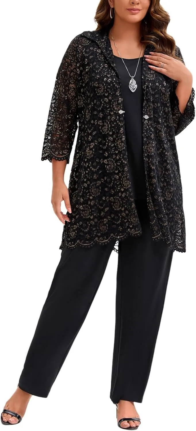 Plus Size Mother of The Bride 3 Piece Lace Pant Suit Set Formal Wedding Guest Attire for Weddings Evening Party Occasions