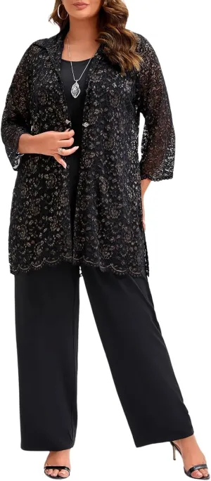 Plus Size Mother of The Bride 3 Piece Lace Pant Suit Set Formal Wedding Guest Attire for Weddings Evening Party Occasions
