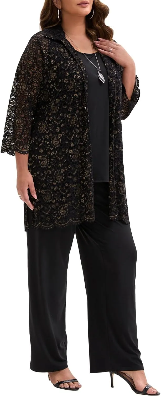 Plus Size Mother of The Bride 3 Piece Lace Pant Suit Set Formal Wedding Guest Attire for Weddings Evening Party Occasions