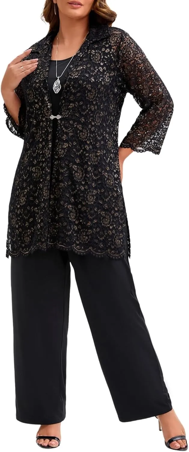 Plus Size Mother of The Bride 3 Piece Lace Pant Suit Set Formal Wedding Guest Attire for Weddings Evening Party Occasions