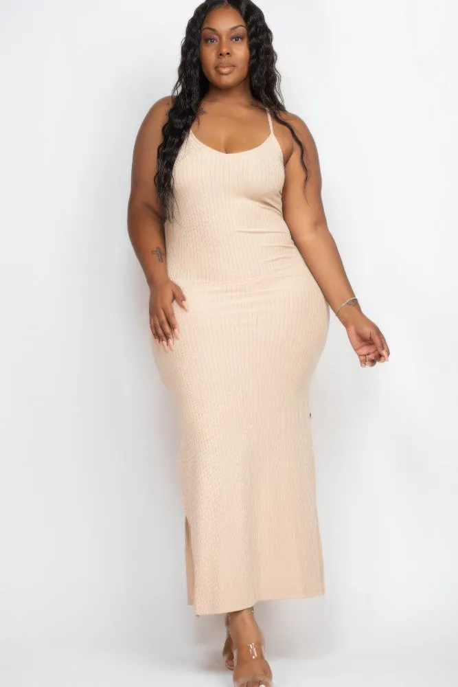 Plus Size Ribbed Side Slit Cami Maxi Dress