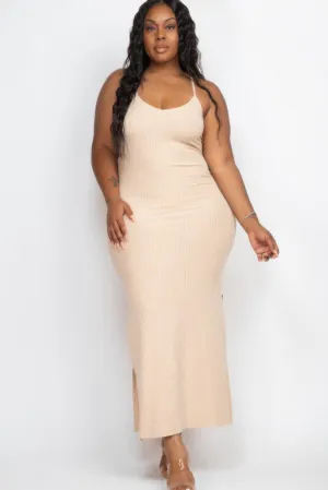 Plus Size Ribbed Side Slit Cami Maxi Dress