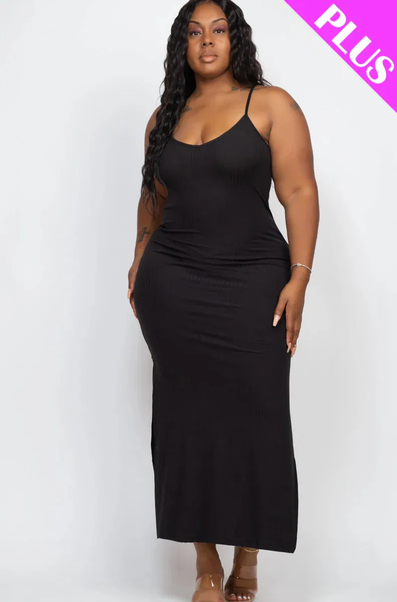 Plus Size Ribbed Side Slit Cami Maxi Dress