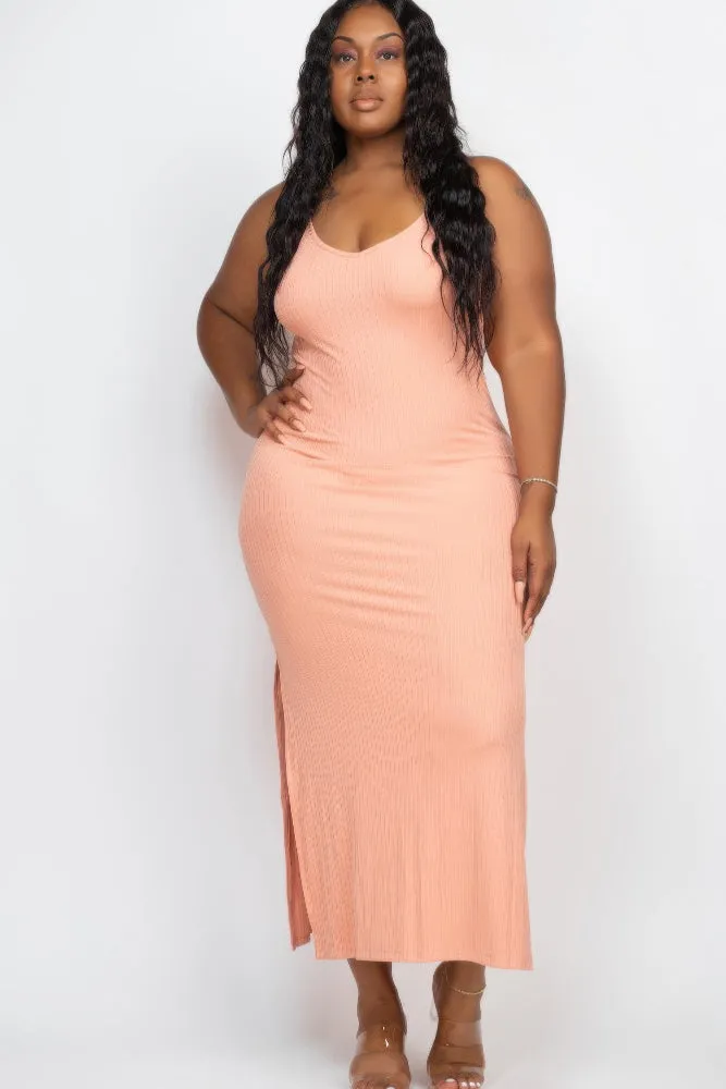 Plus Size Ribbed Side Slit Cami Maxi Dress
