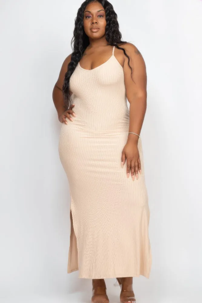 Plus Size Ribbed Side Slit Cami Maxi Dress