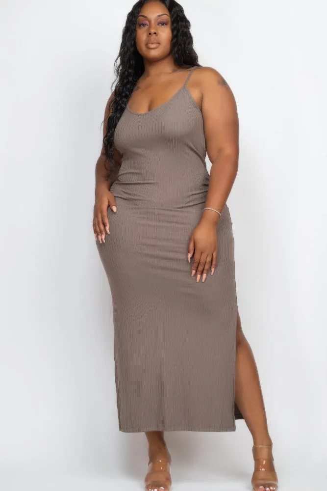 Plus Size Ribbed Side Slit Cami Maxi Dress