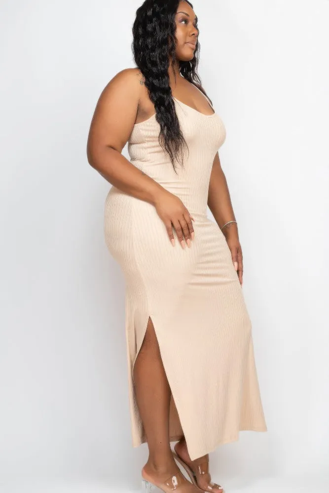 Plus Size Ribbed Side Slit Cami Maxi Dress