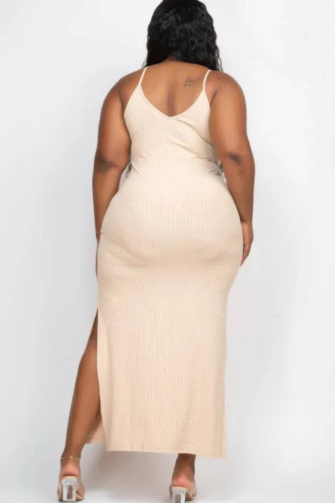 Plus Size Ribbed Side Slit Cami Maxi Dress