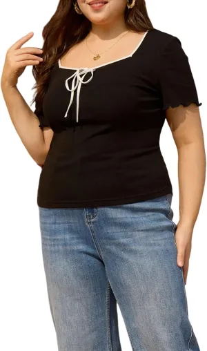 Plus Size Tops for Women Square Neck Short Sleeve Black T-Shirts Summer Casual Loose Shirts Basic Tees