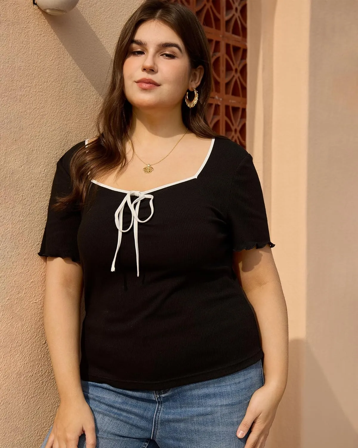 Plus Size Tops for Women Square Neck Short Sleeve Black T-Shirts Summer Casual Loose Shirts Basic Tees