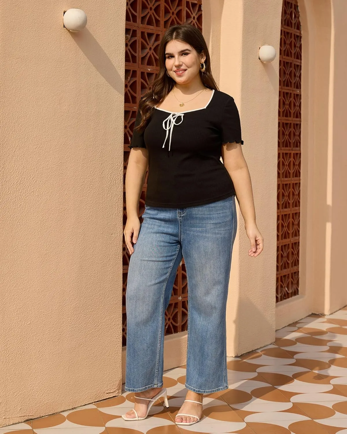Plus Size Tops for Women Square Neck Short Sleeve Black T-Shirts Summer Casual Loose Shirts Basic Tees