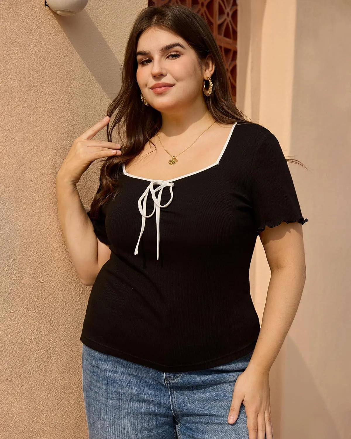 Plus Size Tops for Women Square Neck Short Sleeve Black T-Shirts Summer Casual Loose Shirts Basic Tees