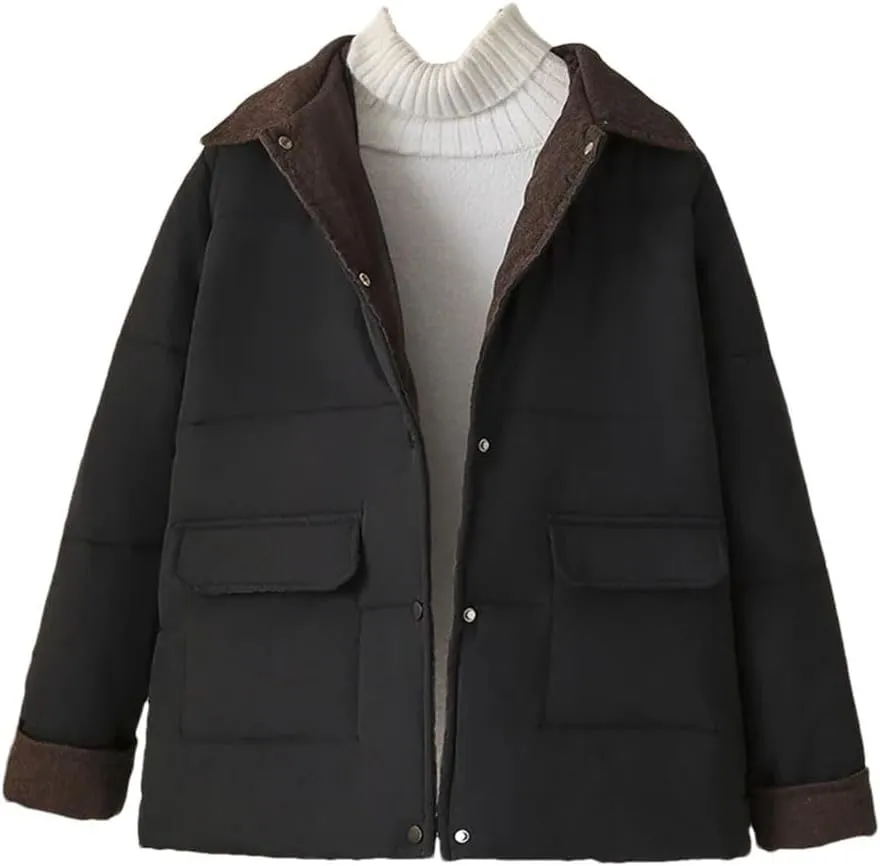 Plus Size Women Parka Winter Wear Loose Corduroy Splicing Cotton-Padded Coat