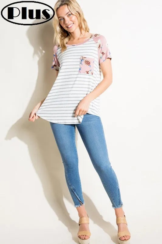 Plus Stripe Floral Mix Pocket Tee