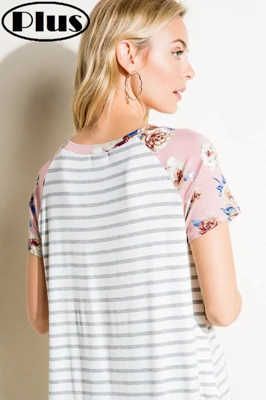 Plus Stripe Floral Mix Pocket Tee