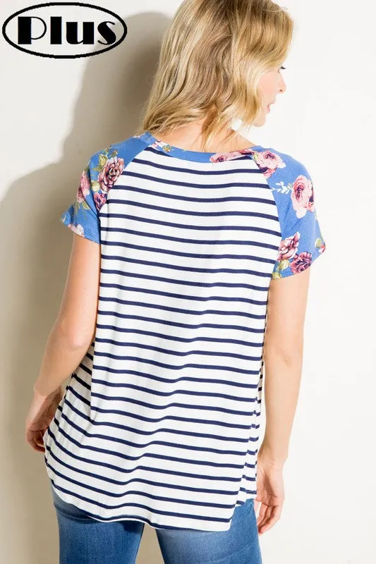 Plus Stripe Floral Mix Pocket Tee