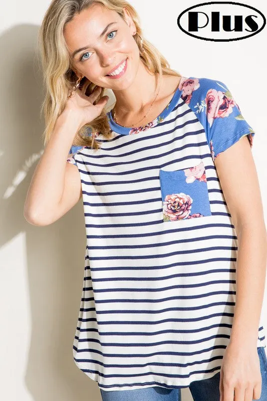 Plus Stripe Floral Mix Pocket Tee