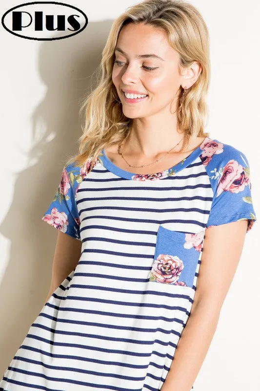 Plus Stripe Floral Mix Pocket Tee