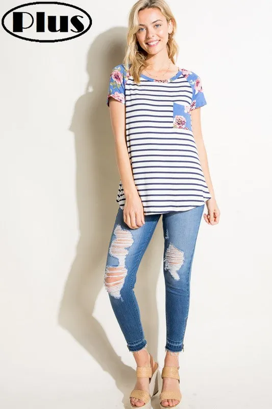 Plus Stripe Floral Mix Pocket Tee