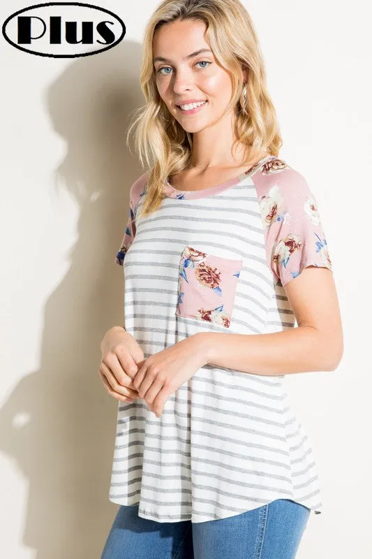 Plus Stripe Floral Mix Pocket Tee