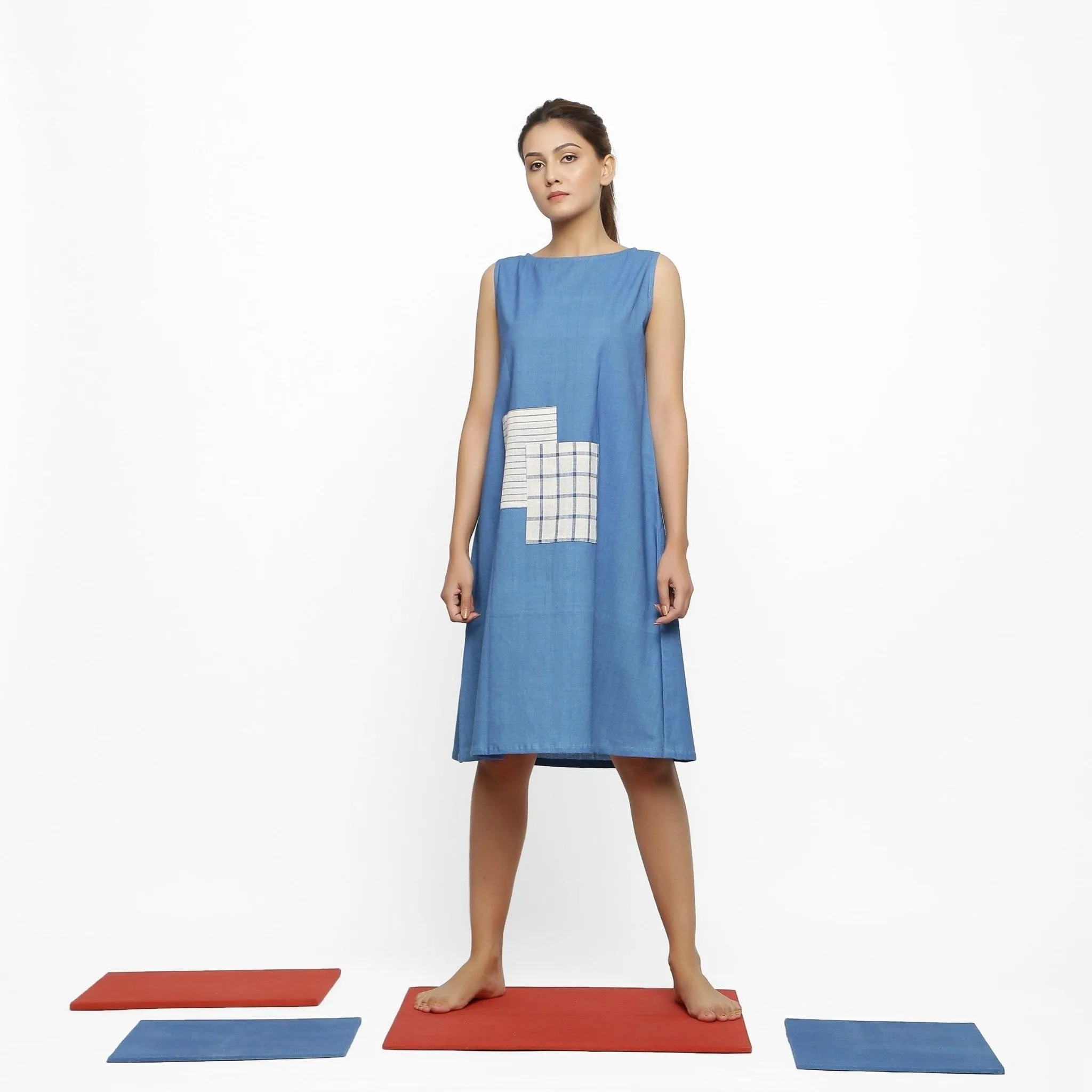 Powder Blue Blue Handspun Cotton A-Line Knee-Length Dress