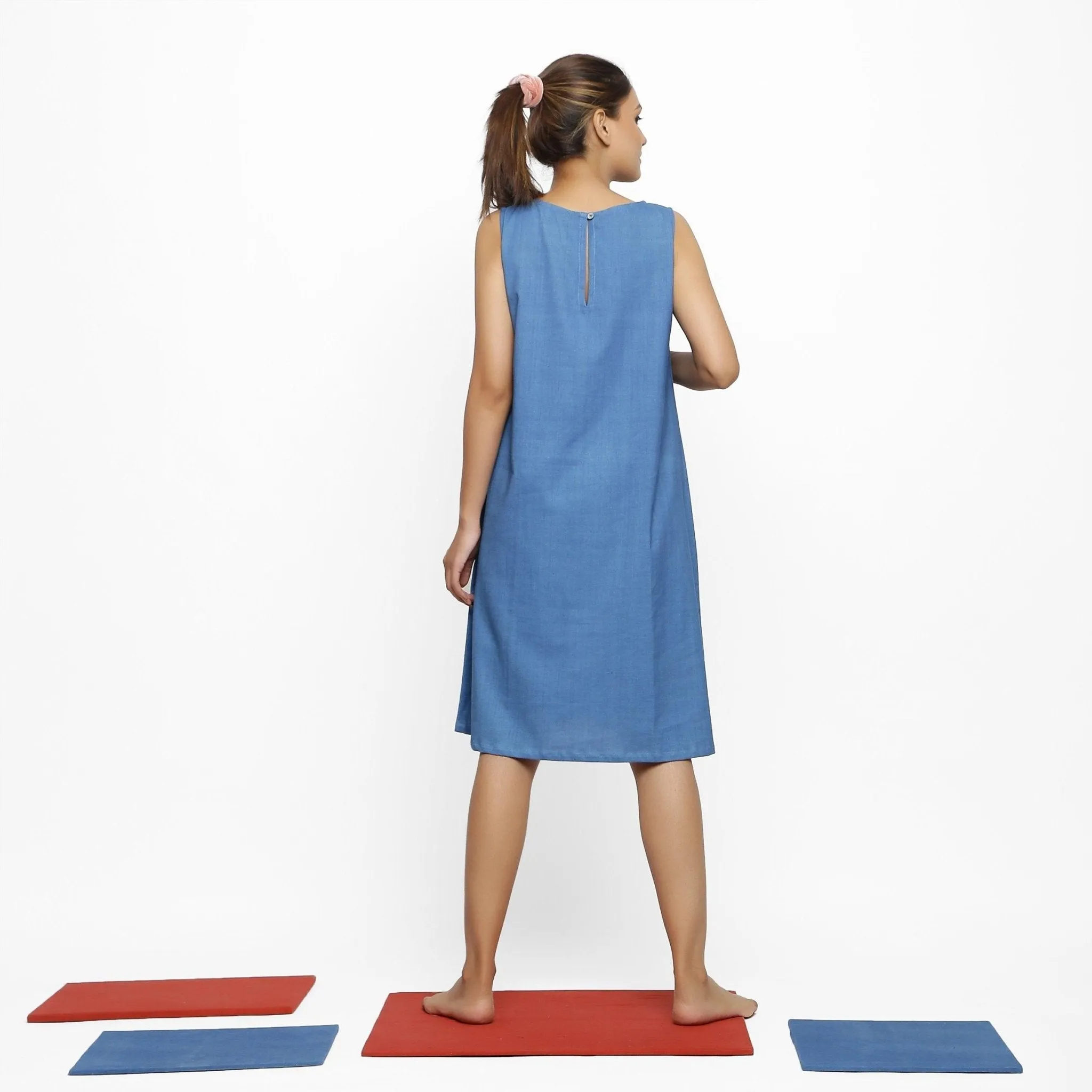 Powder Blue Blue Handspun Cotton A-Line Knee-Length Dress