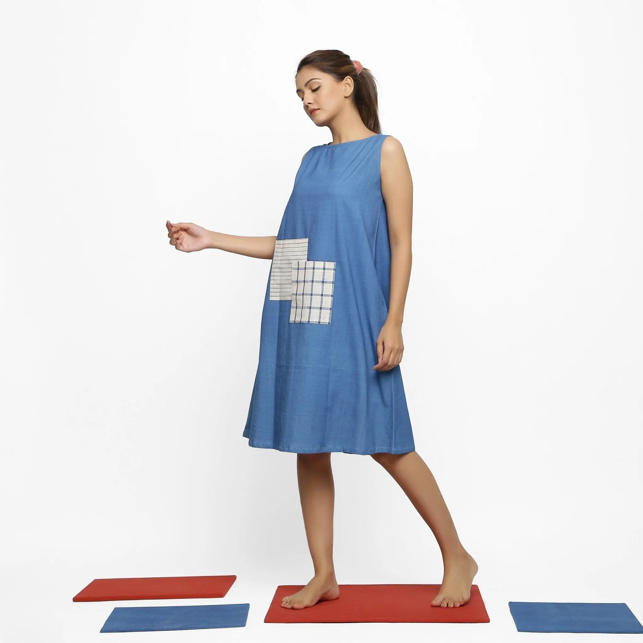 Powder Blue Blue Handspun Cotton A-Line Knee-Length Dress