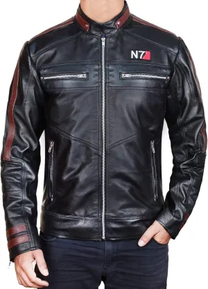 Prime-Fashion Men's N7 Cosplay Jacket Mass 3 Commander Shepard Costume Black Leather Apparel, Medium