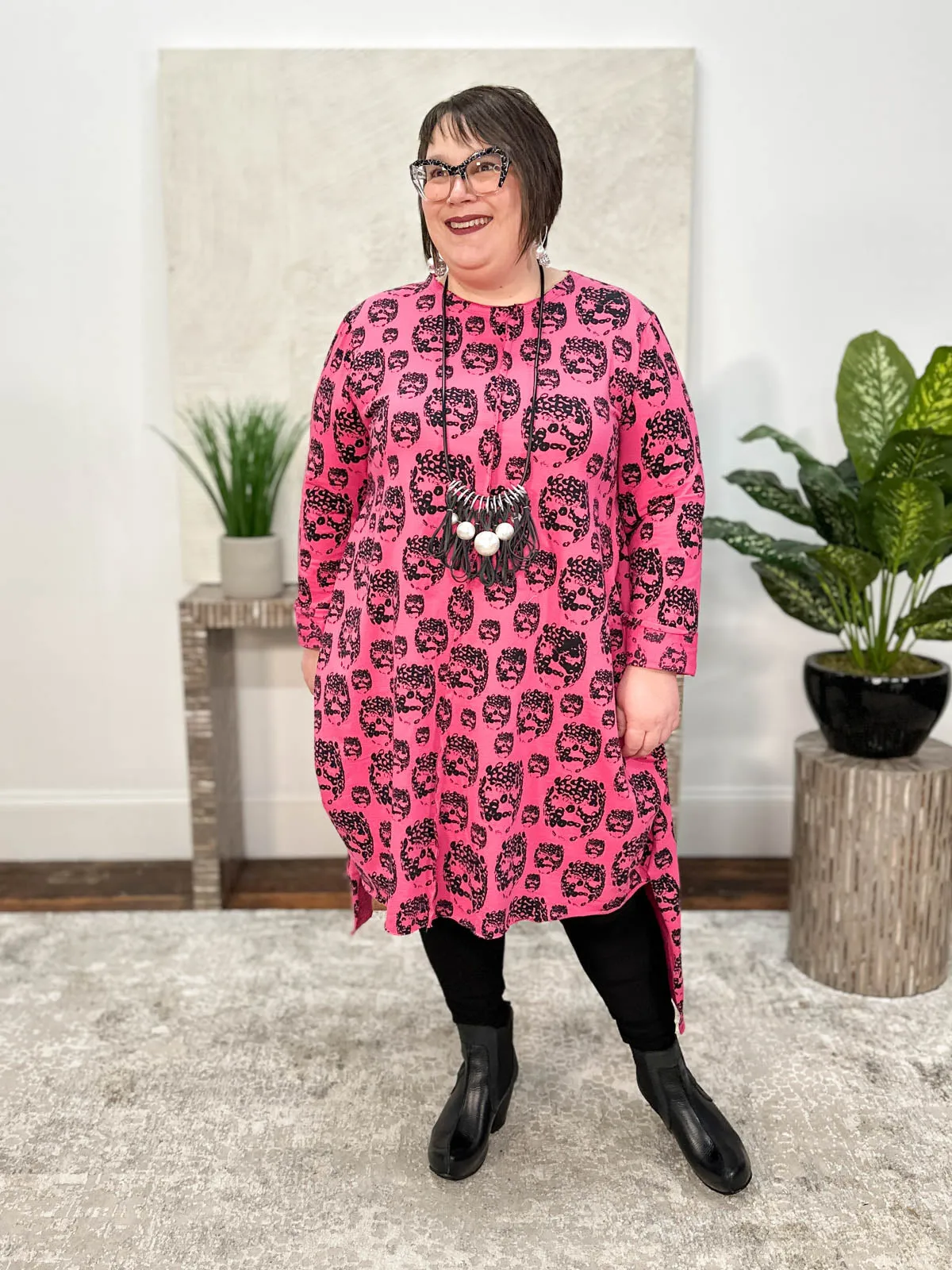 Printed Seam Detail Tunic, Fuchsia/Black